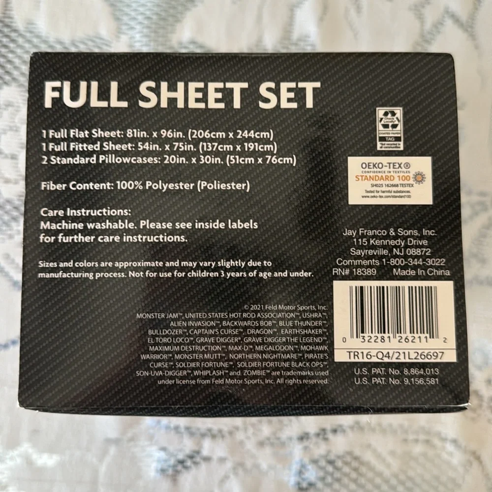 Monster Jam Full Size Monster Truck 4 Piece Sheet Set Grave Digger Megalodon